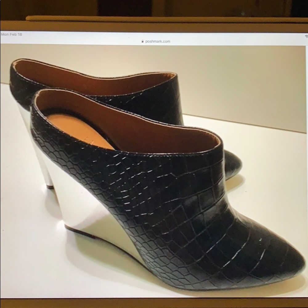 Black Croc Embossed Mules Tapered & Silver Wedge.